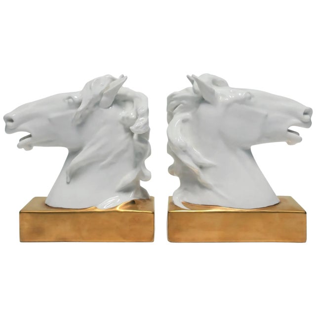 Horse Head and Mane Bookends or Decorative Object Sculptures White and Gold Porcelain, Pair For Sale - Image 13 of 13