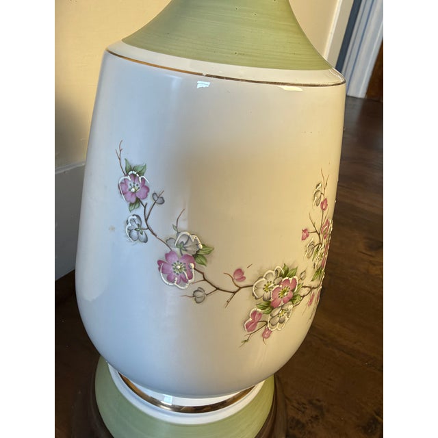 Vintage Sage Green & Ivory Floral Ceramic Table Lamp With Brass Accents For Sale - Image 4 of 6