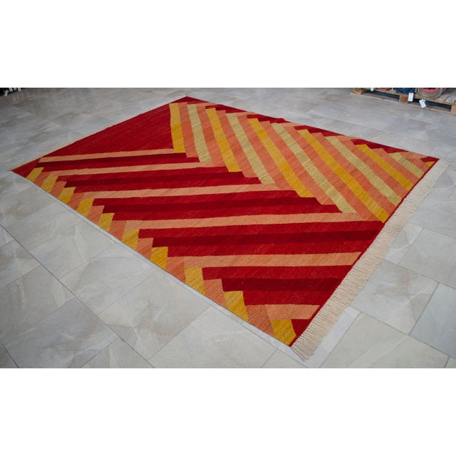 Modern Geometric Handmade Turkish Rug Kilim Chevron Oushak - 7x10 Ft Approx For Sale - Image 13 of 14