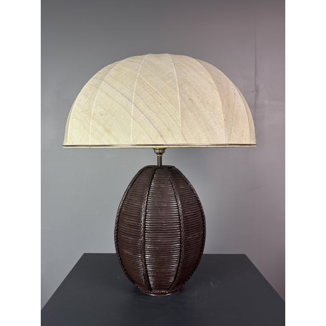 1970s Mid-Century Boho Pencil Reed Rattan Table Lamp with Mushroom Shade, 1970s For Sale - Image 5 of 18