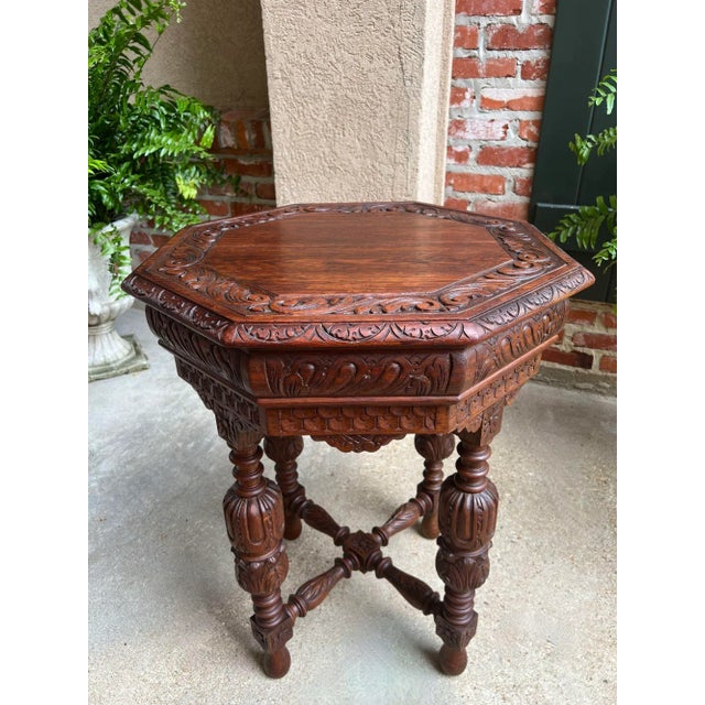 Petite Antique French Octagon Center Side Table Renaissance Carved Oak For Sale In Dallas - Image 6 of 12
