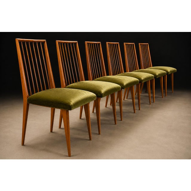 1950s Rare Set of Six Dining Chairs by Joaquim Tenreiro in Caviúna Wood & Olive Green Mohair, Brazil, 1950s For Sale - Image 5 of 16