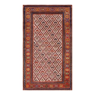 1890s Ivory Tribal Diamond Antique Caucasian Kazak Rug 4'8" X 8' Handknotted Wool Carpet For Sale
