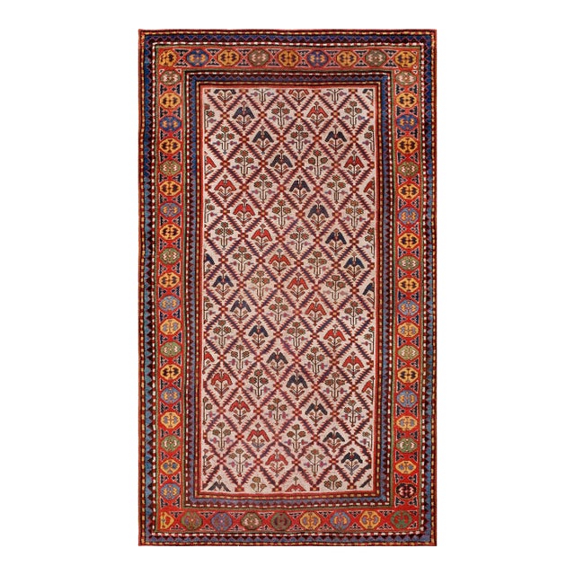 1890s Ivory Tribal Diamond Antique Caucasian Kazak Rug 4'8" X 8' Handknotted Wool Carpet For Sale