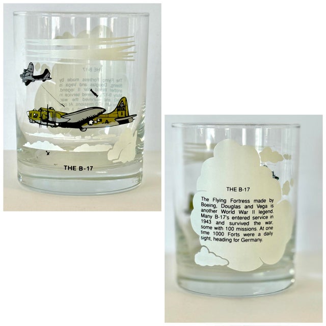 World War II Wwii Planes B-25, Spitfire, Me-109, Zero, B-17, Curtis P-40, Double Old Fashion Lowball Glasses Set of 6 Mid Century Modern For Sale - Image 11 of 14
