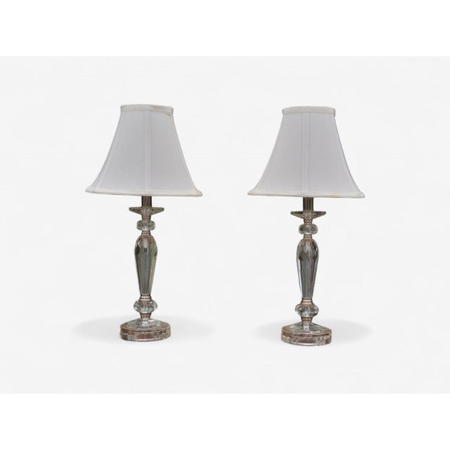 Hollywood Regency Style, Cut Crystal, Fabric, Small Table Lamps, USA, 1970s Pair of cut crystal diminutive table lamps...