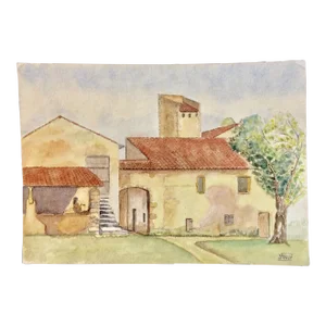 Mid 20th Century French Watercolor Painting, Mas Provencal, Eze Villege