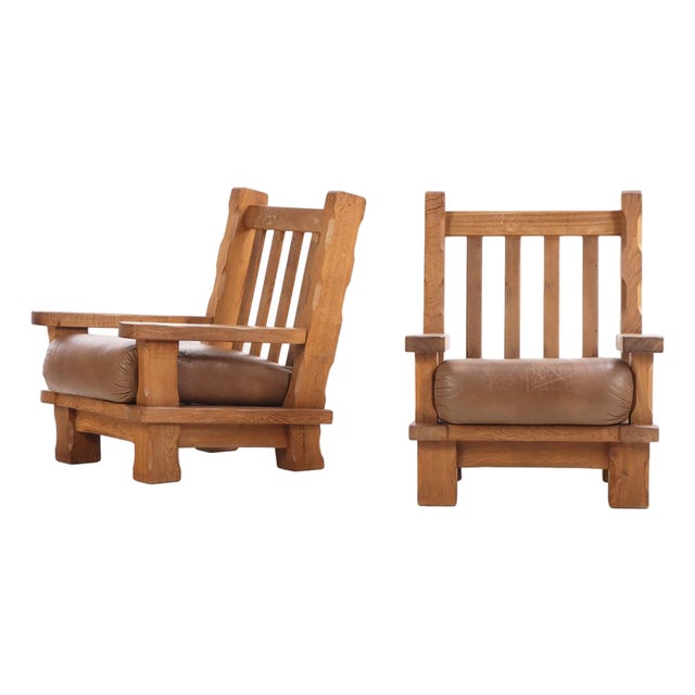 A Pair of French Heavy Oak Brutalist Style Open Arm Chairs, C. 1960. For Sale