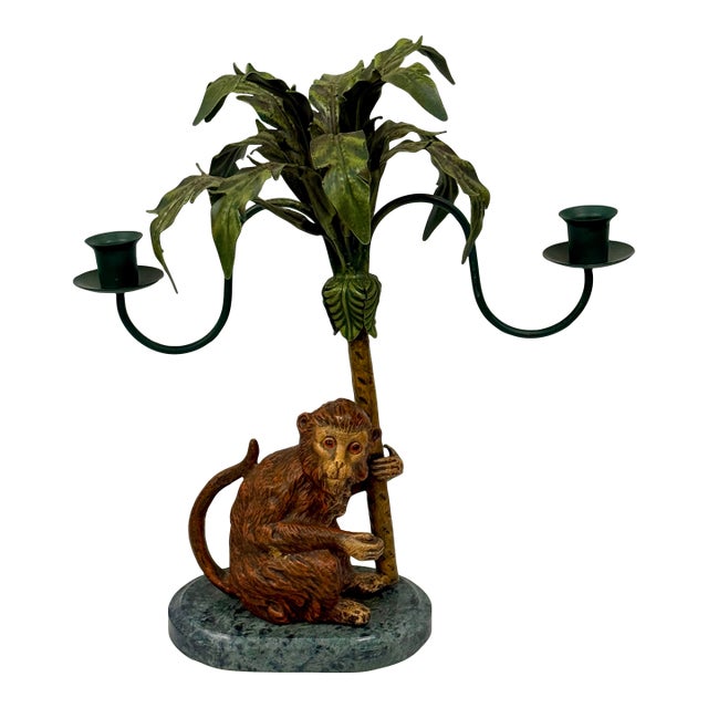 Vintage Petite Choses Monkey and Palm Tree Double Candlestick Holder Candelabra For Sale