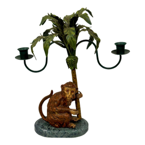 Vintage Petite Choses Monkey and Palm Tree Double Candlestick Holder Candelabra