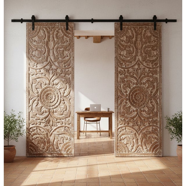 Vintage Hand-Carved Wood Double Doors With Lotus Medallion | Artistic Architectural 80x36 For Sale In Orlando - Image 6 of 6