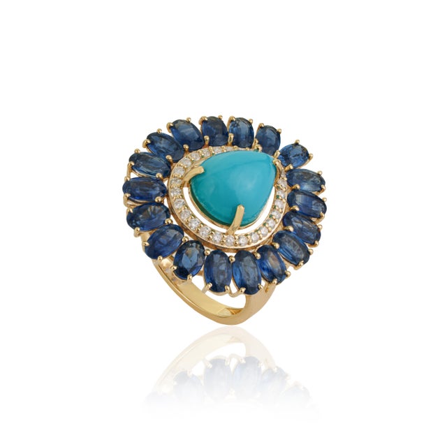 VR Jewels 14k Yellow Gold 8.41ct Turquoise, Blue Sapphire & Diamond Floral Art Deco Ring Size 6.5 For Sale - Image 4 of 18