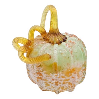 Hand Blown Walker & Bowes Multicolor Opalescent Art Glass Pumpkin Sculpture For Sale