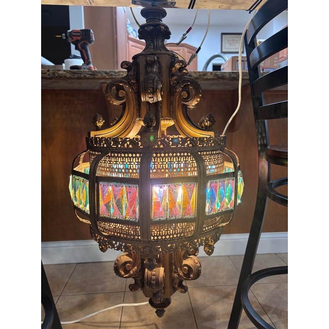 Mid 20th Century Spanish Revival Prism Glass Lantern Chandelier - Ornate Hanging Light - 30" For Sale - Image 4 of 8