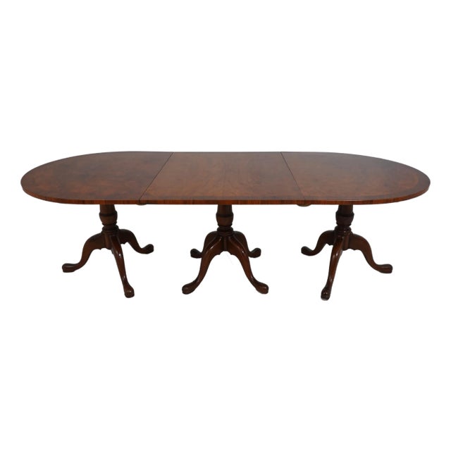 English Antique Walnut 3 Pedestal Dining Room Table For Sale