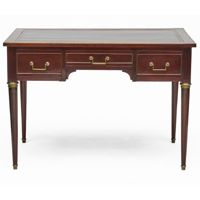 Black French Louis XVI Style Brass Mounted Writing Desk. Black Leather Top For Sale - Image 8 of 10