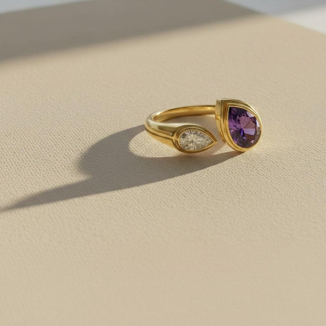 Toi Et Moi Gemstone Ring: Amethyst and Moissanite, Size 7.5 For Sale - Image 9 of 9
