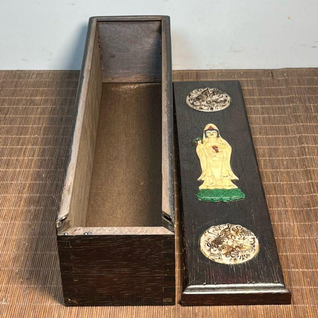 Wood Vintage Ebonized Wood Carved Box | Guan Yin & Dragon Inlay | Chinese Trinket Box For Sale - Image 7 of 9