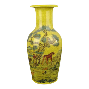 Antique Chinese Ceramic Qing Dynasty Qianlong Marked Yellow Ground Crackle Glaze Porcelain Vase Hand Painted Twelve Chinese Zodiac Signs Pattern