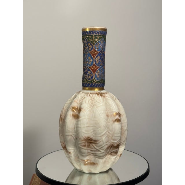 Tall Art Glass Vase With Melon Ribbing, Gilt and Enamel Opal Glass Attributed to Harrach, 1880s-1920's. For Sale - Image 15 of 15