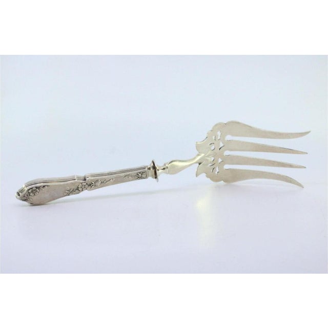 Silver Fish Serving Fork with Floral Decor, Prongs and Embossed Handle For Sale - Image 4 of 9