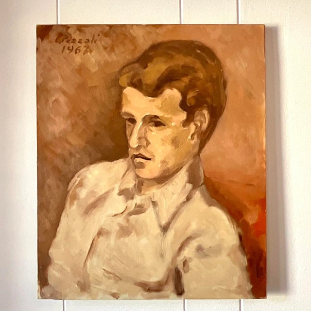 Wood Vintage Expressionist Italian Signed Original Oil Portrait Painting 1962 For Sale - Image 7 of 9