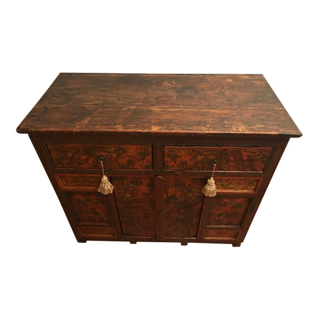 Tibetan Painted Cabinet 1940s Vintage For Sale