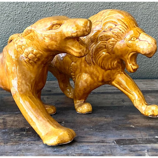 Mid 20th Century Vintage Boho Glazed Ceramic Lions - Set of 2 For Sale - Image 5 of 7
