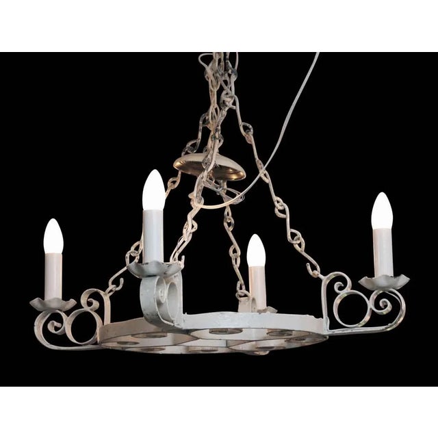 Mid 20th Century Wrought Iron Arts & Crafts Four Light White Chandelier For Sale - Image 5 of 6