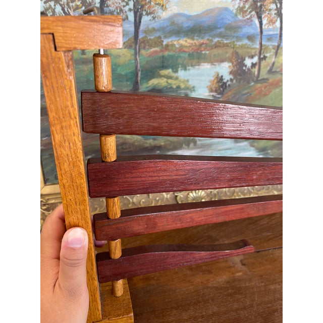 1970s Vintage Wooden Swing-Arm Wall-Mounted Quilt or Towel Rack in Likely Oak and Mahogany. For Sale - Image 5 of 10