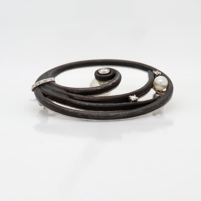 Black Marsh & Co. Art Deco Blackened Steel, 14k Gold, Pearl, & Diamond Brooch or Pin For Sale - Image 8 of 10