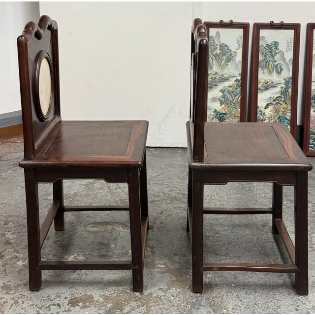 Antique Rosewood Chairs + Round Stone Inserts Side Chairs, Pair. For Sale In San Francisco - Image 6 of 12