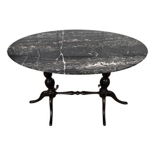 Italian Carved Walnut Side Coffee Table with Oval Portoro Marble Top, 1950s For Sale