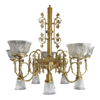 Vintage Brass 2-Up 2-Down Chandelier, Etched Glass Shades, Victorian Revival Lighting Fixture For Sale