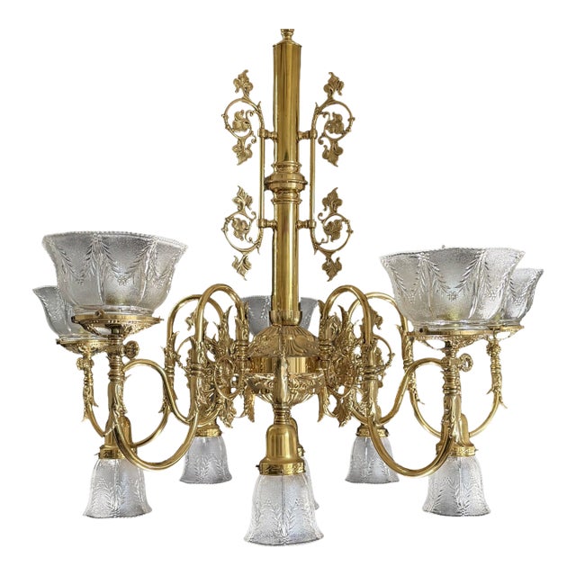 Vintage Brass 2-Up 2-Down Chandelier, Etched Glass Shades, Victorian Revival Lighting Fixture For Sale