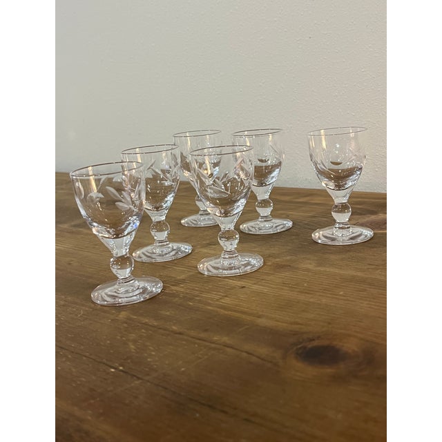 Glass Vintage Etched Leaf Motif Cordial Glasses 3” Tall - Set of 6 For Sale - Image 7 of 11