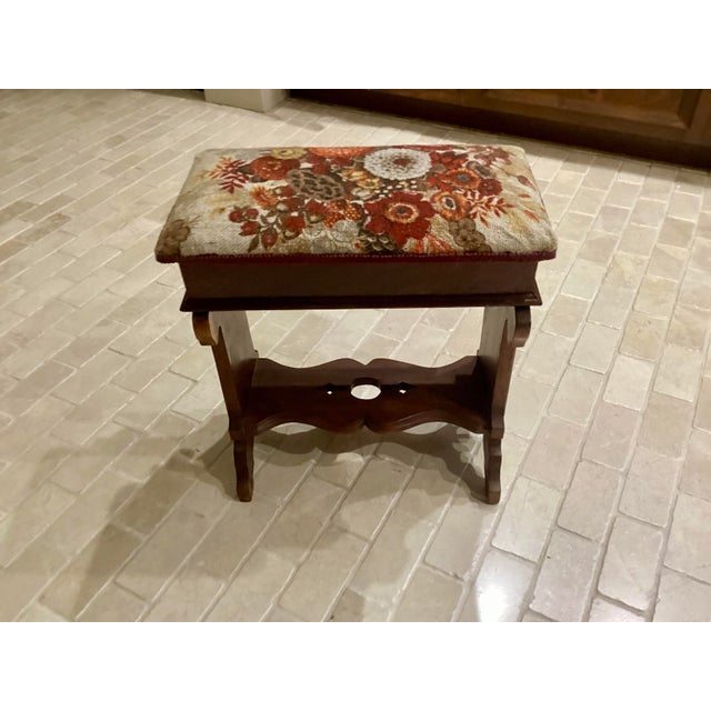 Late 19th Century Victorian Antique Carved Walnut Slipper Vanity Ottoman Bench Flip Top Storage Sewing For Sale - Image 5 of 11