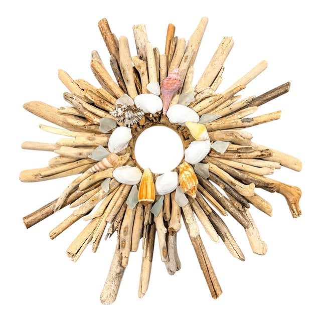 Coastal Driftwood Sunburst Wall Wreath With Seashells & Sea Glass, 21” For Sale