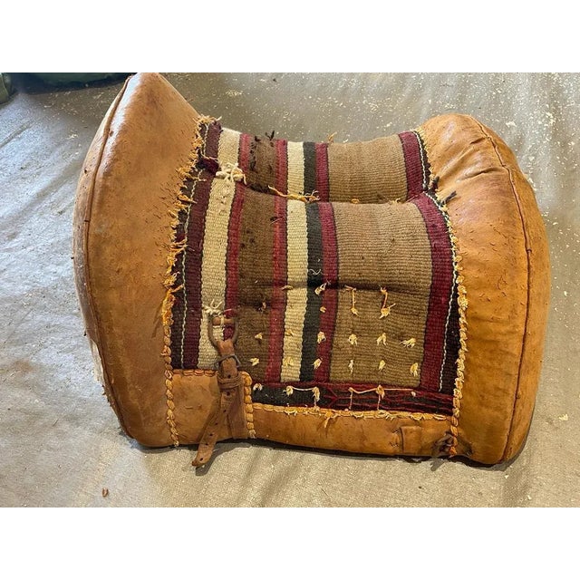 French Vintage Antique Leather Camel Saddle – Textile Detail Decor Piece For Sale - Image 3 of 10