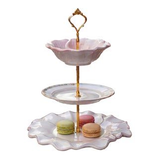 Three-Tier Vintage Eclectic Stand | Floral Porcelain & Gold-Tone Serving Tower | Cottagecore Tea Party Display For Sale