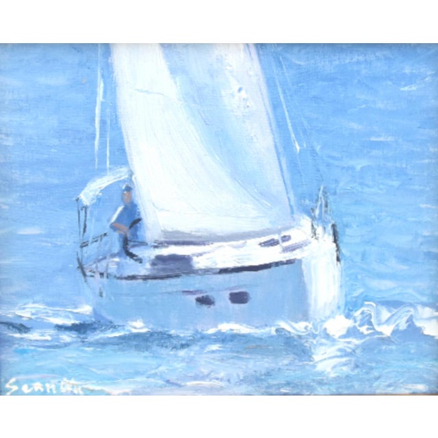 Abstract Sailboat Nautical Ocean Oil Painting Including the Antiqued Gold Wood Frame For Sale - Image 3 of 5