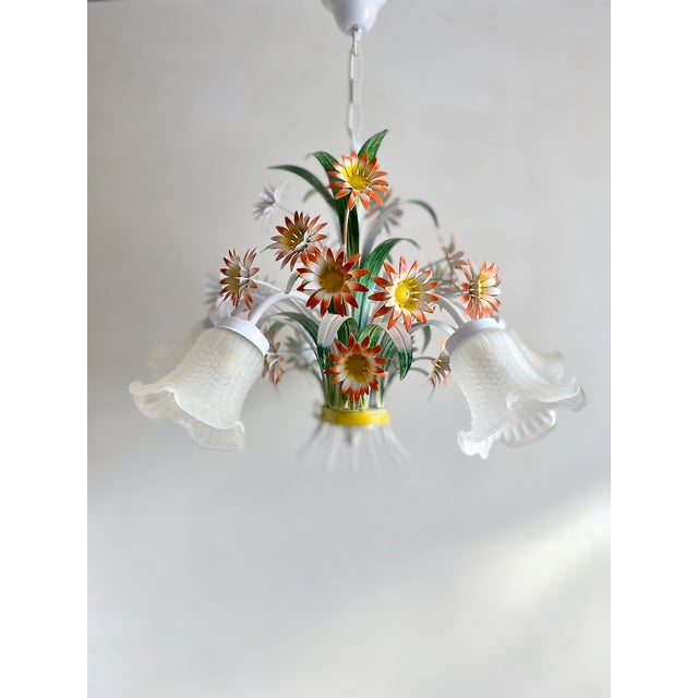 Vintage European Floral Tole Chandelier with Frosted Glass Tulip Shades, 1970s For Sale - Image 9 of 13