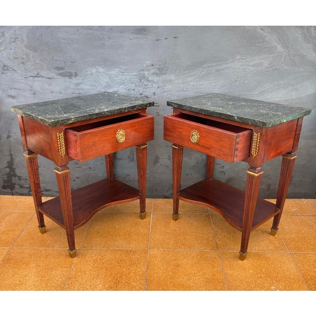 Brown Pair of French Louis XVI Style Nightstands With Marble Tops, 20th Century For Sale - Image 8 of 14