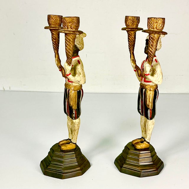Early 1900s Antique Mediterranean Italian Venetian Moorish Painted Bronze Candelabras - A Pair For Sale - Image 10 of 17