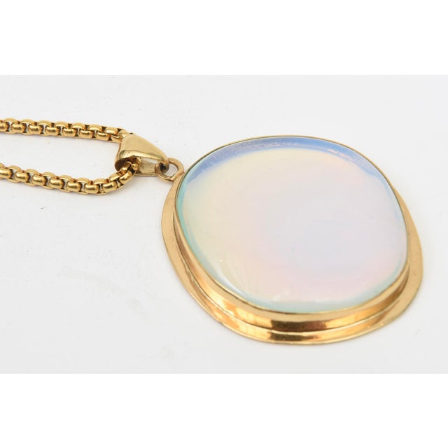 1980s Charles Allen Gold Plated Pendant Necklace With Large Glass Blue Opalescent Stone, 1980's For Sale - Image 5 of 10