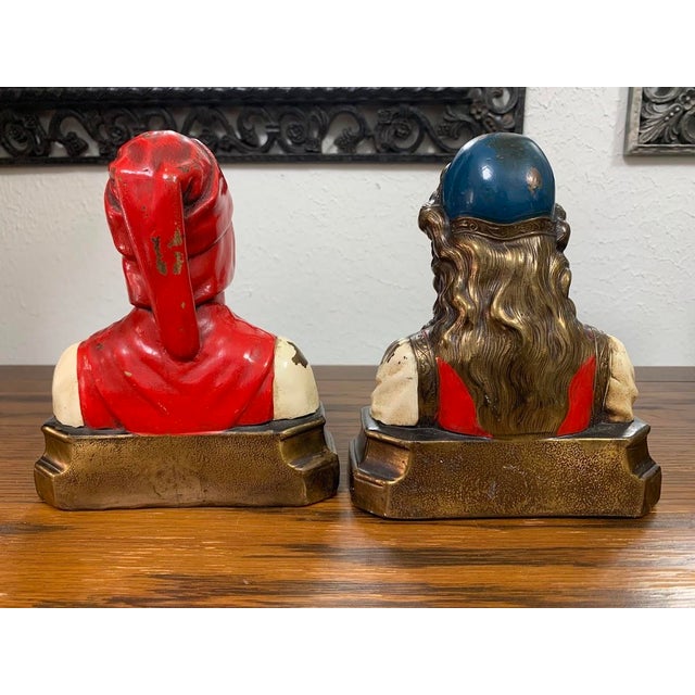 Antique Art Nouveau Dante & Beatrice Figural Bronze Bookends – Heavy Painted Bust Pair For Sale - Image 4 of 6