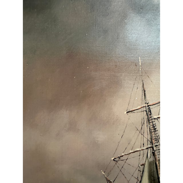 This original vintage oil on canvas by Danish artist B. Johansen captures the dramatic beauty of a majestic full-rigged...