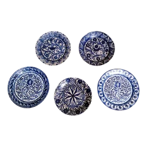 1950s Deruta Italy Set 5 Ceramic Plates With Cobalt Blue Decorations