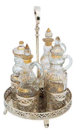 Silver and Glass Cruet Set with Wire Rack, Set of 5