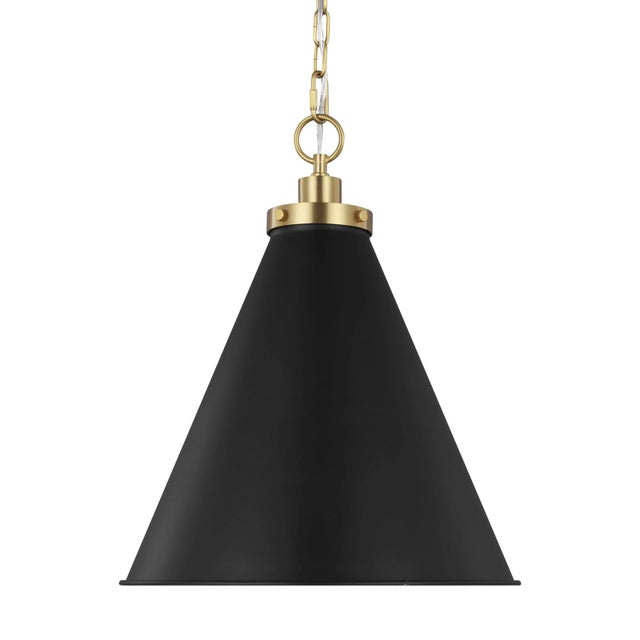 Traditional Chapman & Myers by Visual Comfort Studio Wellfleet Medium Cone Pendant, Midnight Black & Burnished Brass For Sale - Image 3 of 4